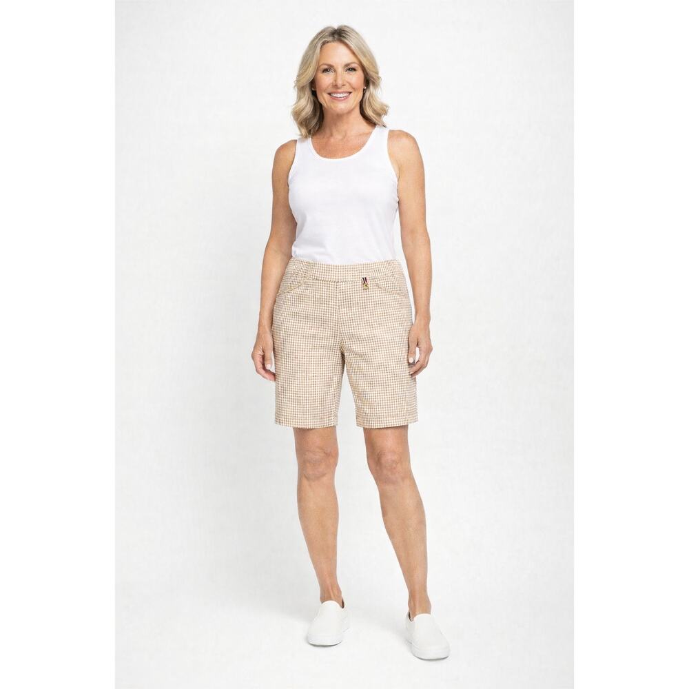 Tommy Hilfiger Womens Beige Gingham Stretch Pull On Shorts Size 10 NWT - Picture 1 of 10